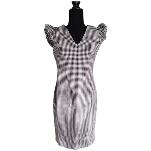 NWOT Calvin Klein Collection Puff Sleeve Gingham V Neck Sheath Dress - Picture 2 of 7